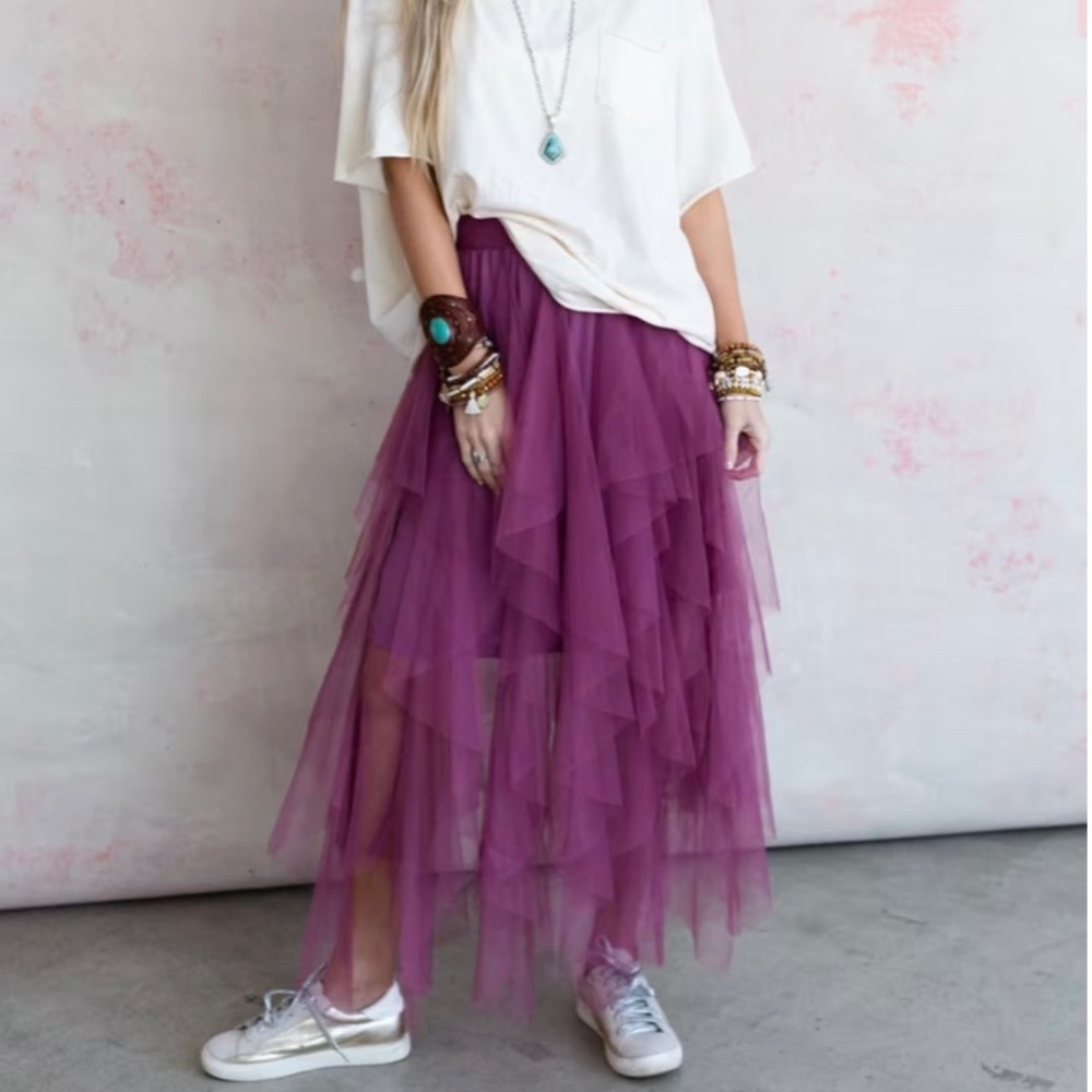 NWT 💗 THREE BIRD NEST Boho Ballerina Tulle Pull-On Lined Skirt Mauve L